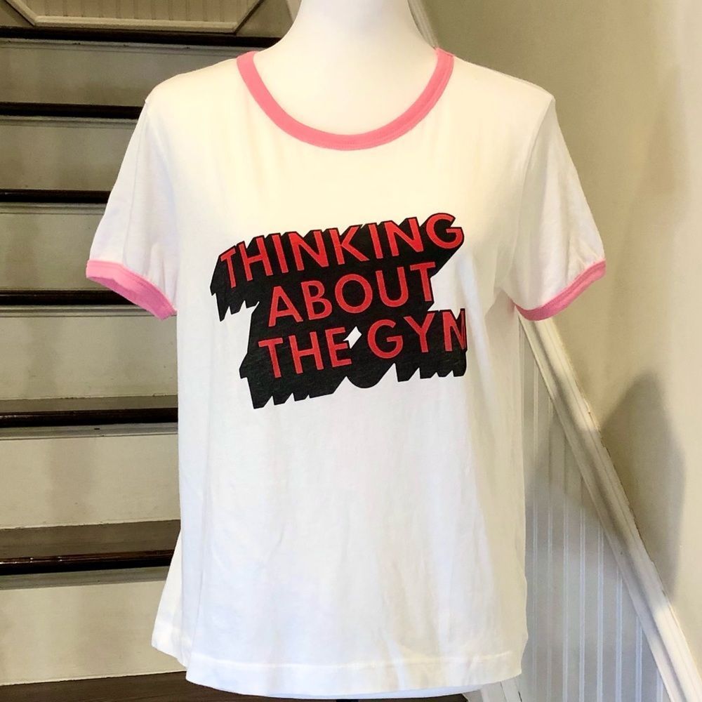 WILDFOX Thinking About The Gym White Pink Ringer T-shirt Red Letters Sz MED NWT